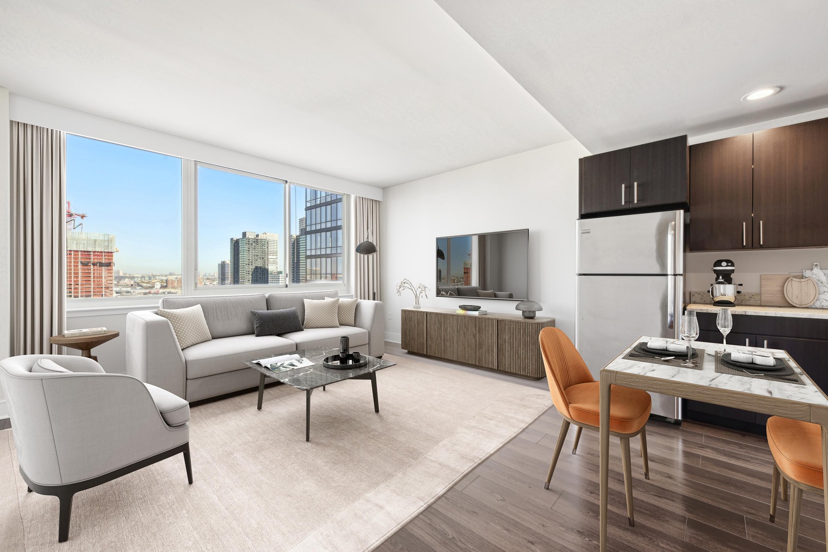 Open layout with living room and kitchen