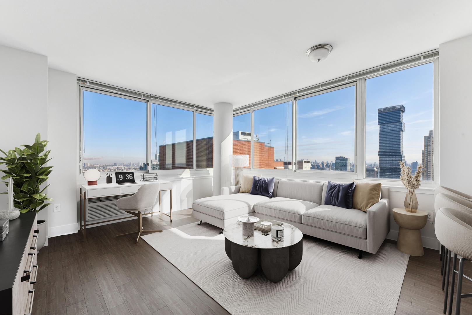 Apartment living room with home office