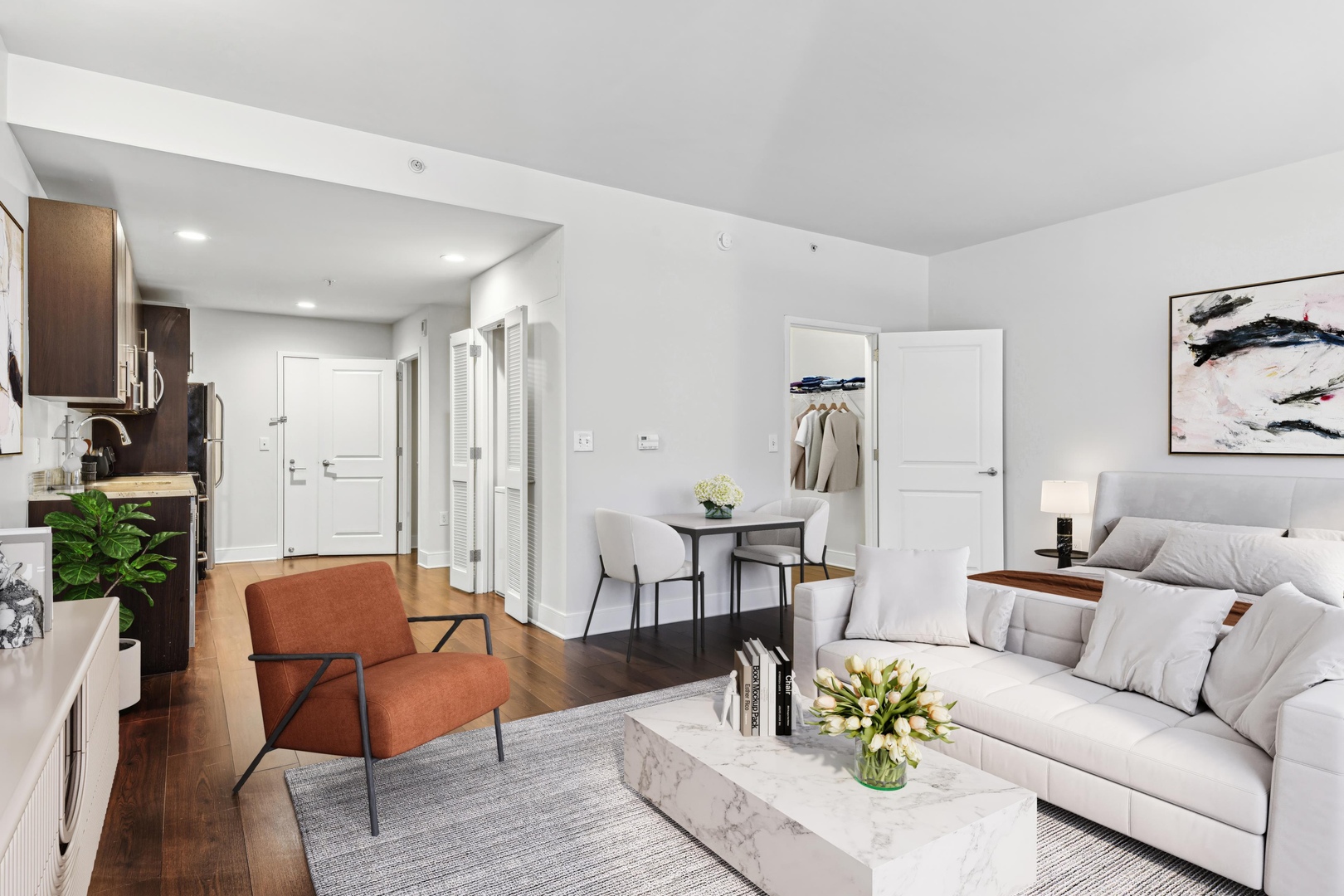 Studio apartment with bed and couch